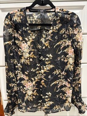 PAIGE Black Floral Semi-Sheer Button-Front Blouse